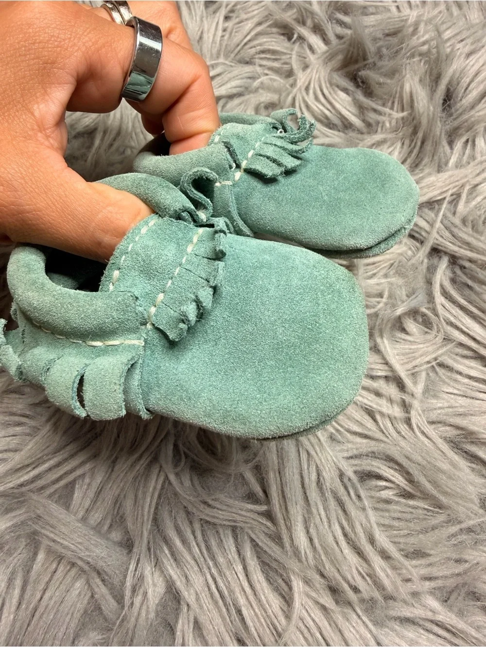 Freshly picked -Soft Suede Baby Moccasins with Fringe — Teal